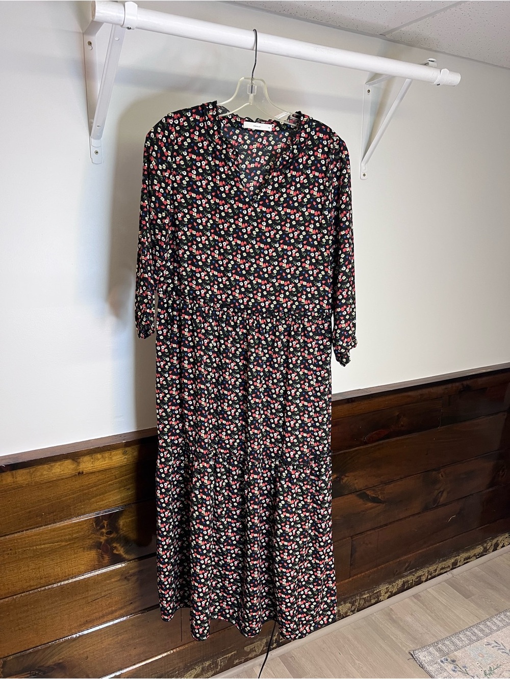 Pigalle Floral Tiered Midi Dress Black with Red & White Floral- M